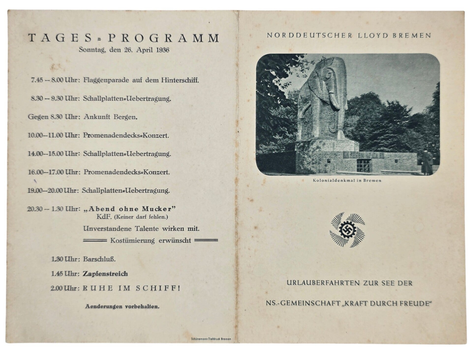 Original WW2 German KDF Document - NS Gemeinschaft Kraft durch Freude, Norddeutscher Lloyd Bremen, SS Sierra Cordoba, menu card (1936)