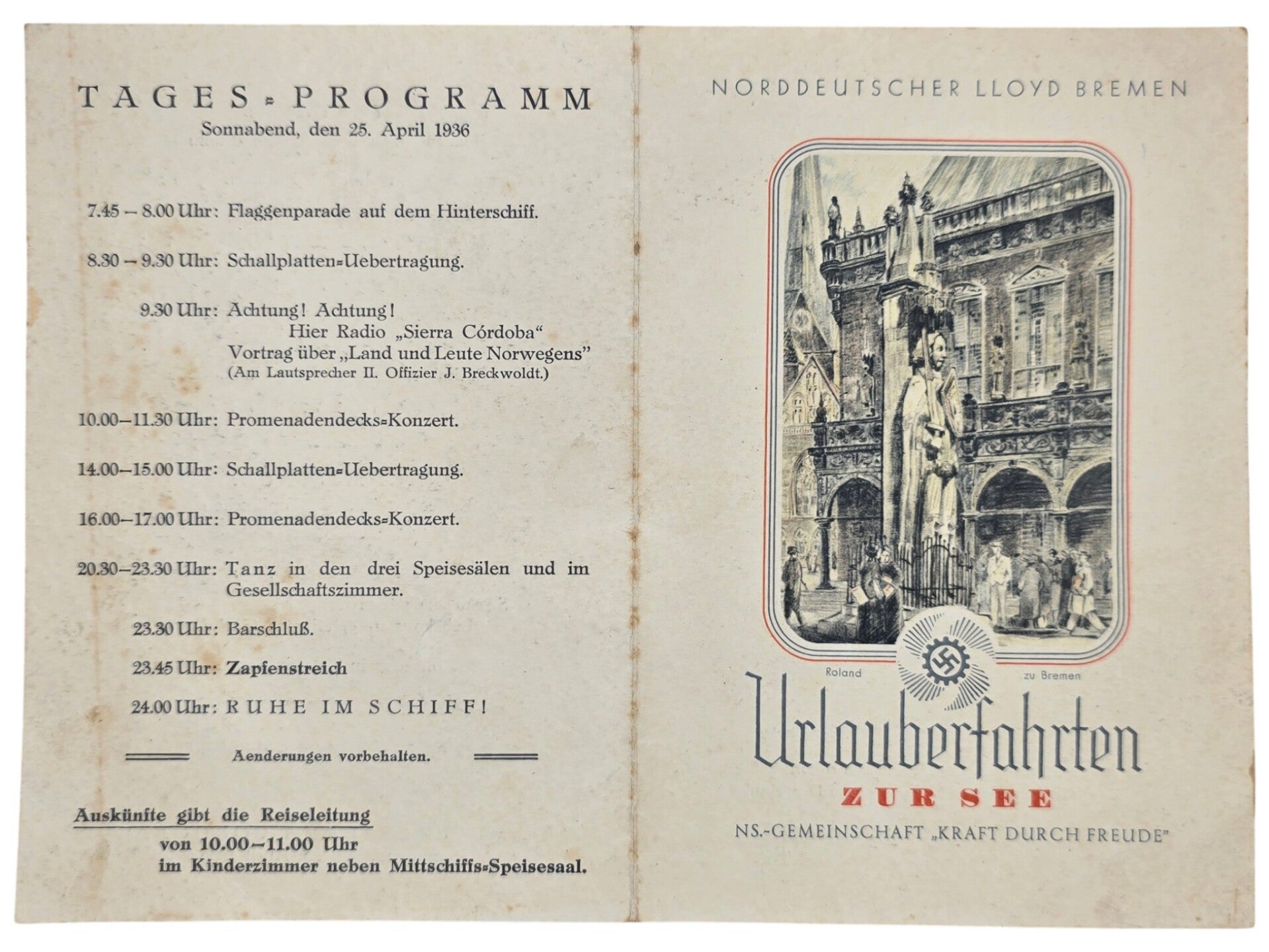 Original WW2 German KDF Document - NS Gemeinschaft Kraft durch Freude, Norddeutscher Lloyd Bremen, SS Sierra Cordoba, menu card (1936)