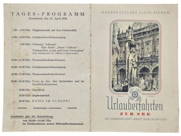 Original WW2 German KDF Document - NS Gemeinschaft Kraft durch Freude, Norddeutscher Lloyd Bremen, SS Sierra Cordoba, menu card (1936)