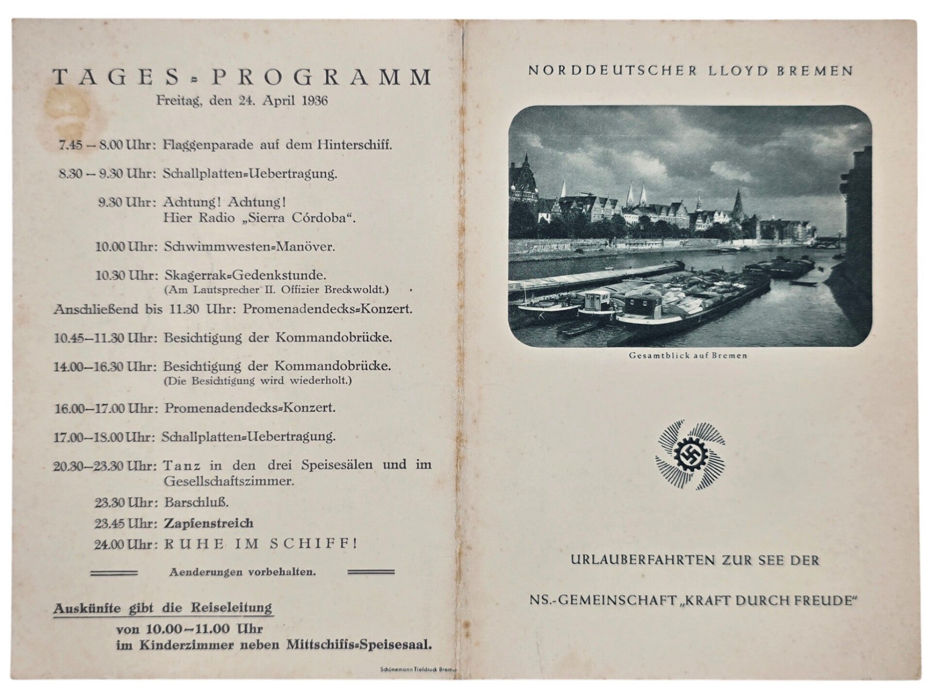 Original WW2 German KDF Document - NS Gemeinschaft Kraft durch Freude, Norddeutscher Lloyd Bremen, SS Sierra Cordoba, menu card (1936)