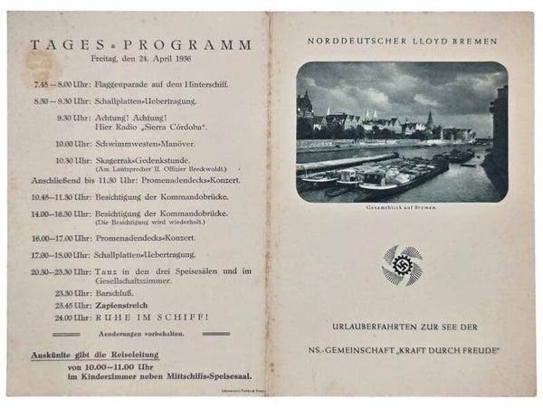 Original WW2 German KDF Document - NS Gemeinschaft Kraft durch Freude, Norddeutscher Lloyd Bremen, SS Sierra Cordoba, menu card (1936)