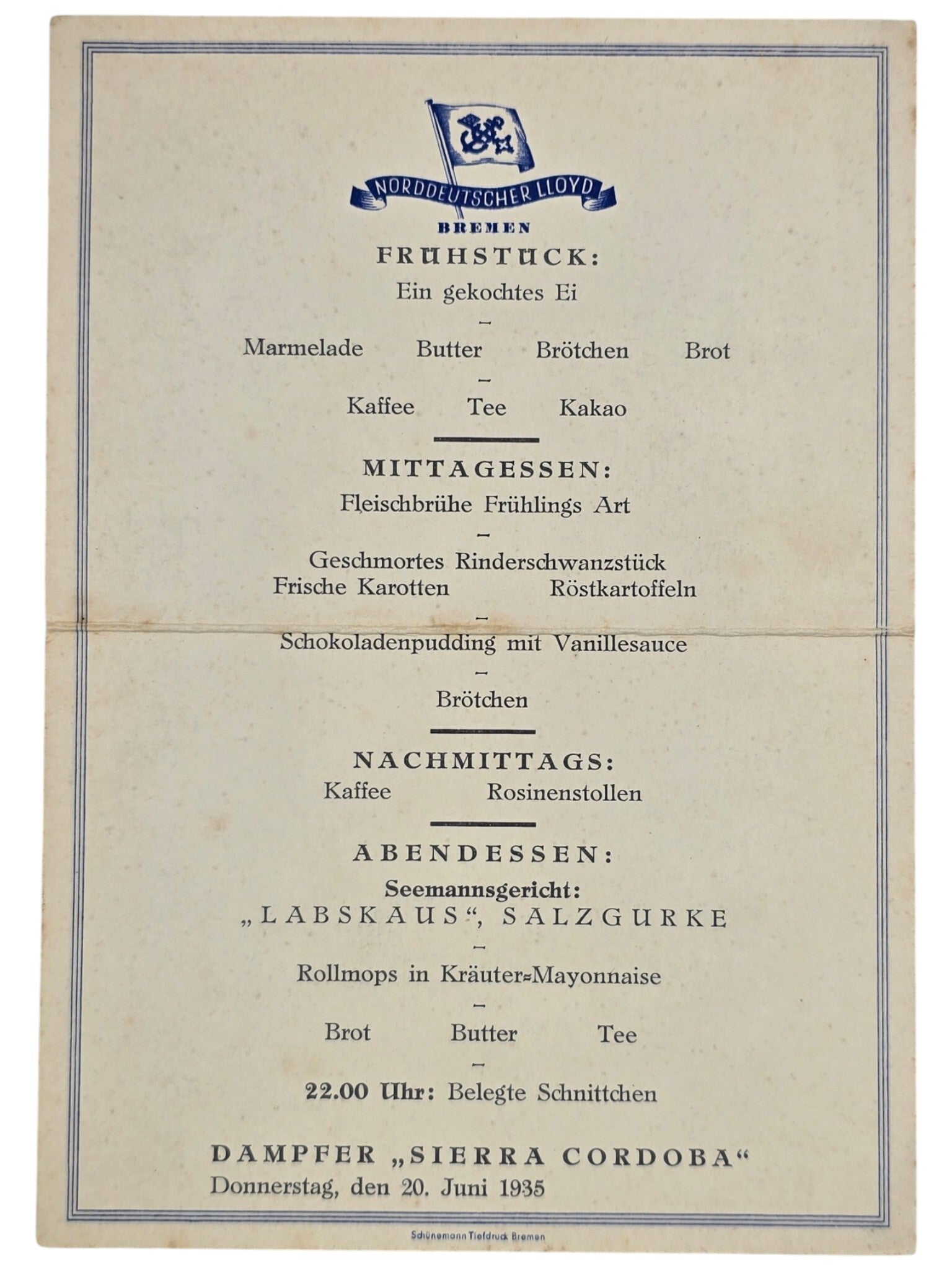 Original WW2 German KDF Document - NS Gemeinschaft Kraft durch Freude, Norddeutscher Lloyd Bremen, SS Sierra Cordoba, menu card (1935)