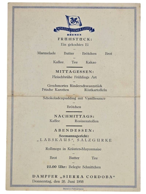 Original WW2 German KDF Document - NS Gemeinschaft Kraft durch Freude, Norddeutscher Lloyd Bremen, SS Sierra Cordoba, menu card (1935)