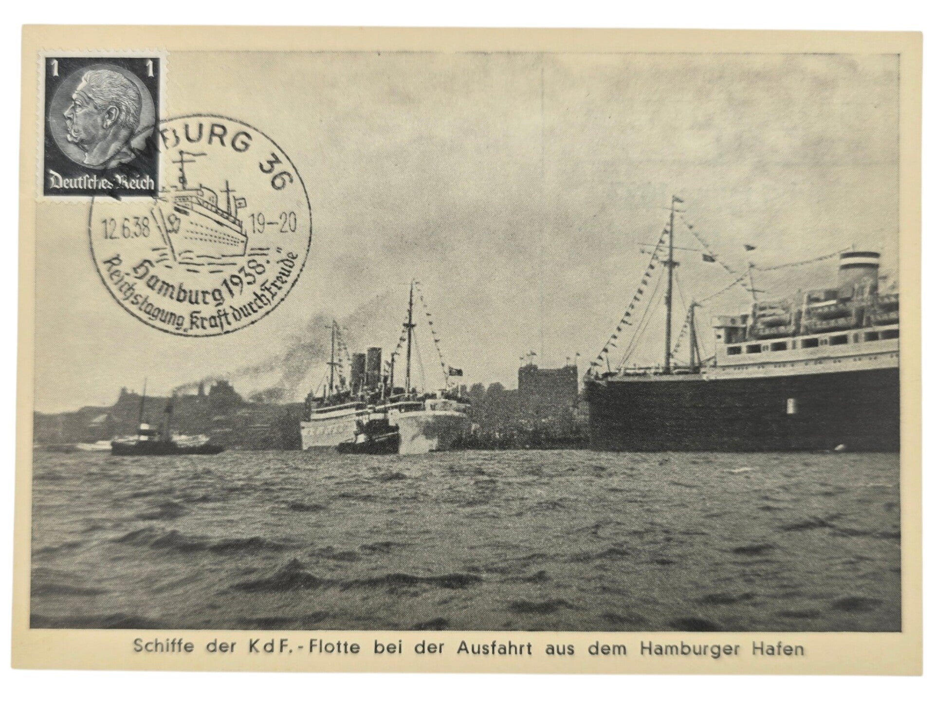 Original WW2 German KDF Postcard - NS Gemeinschaft Kraft durch Freude, KDF Fleet in Hamburg (1938)