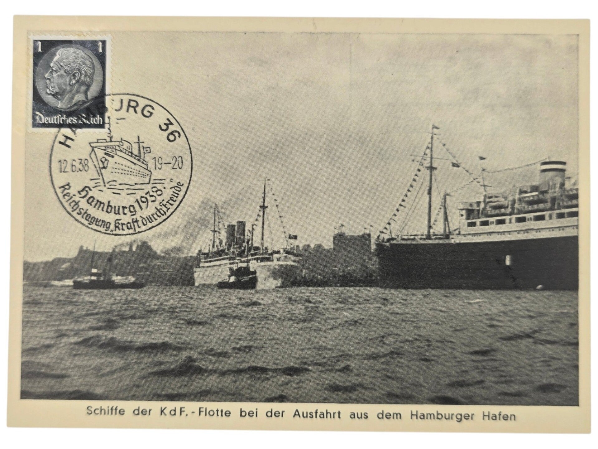 Original WW2 German KDF Postcard - NS Gemeinschaft Kraft durch Freude, KDF Fleet in Hamburg (1938)