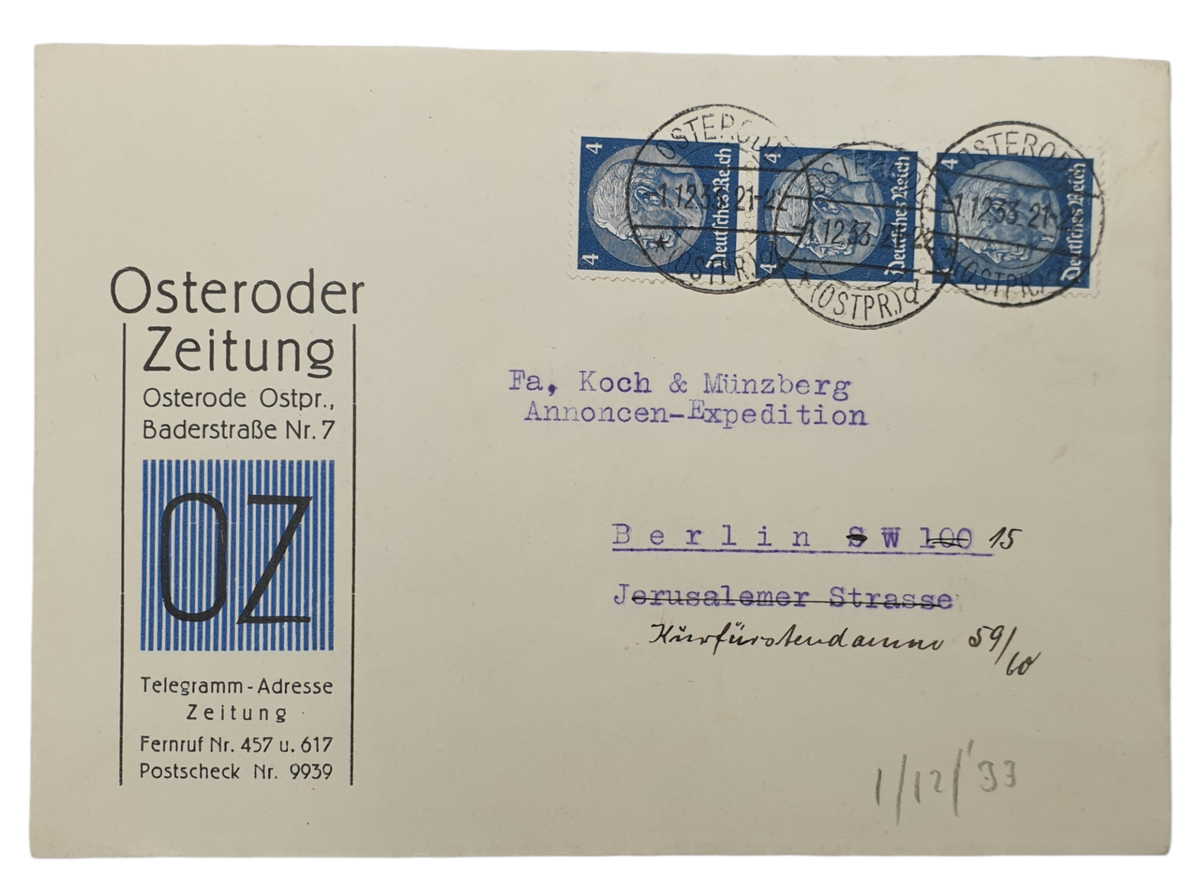 Original WW2 German Envelope - DeJewified street name, Berlin (1933 ...