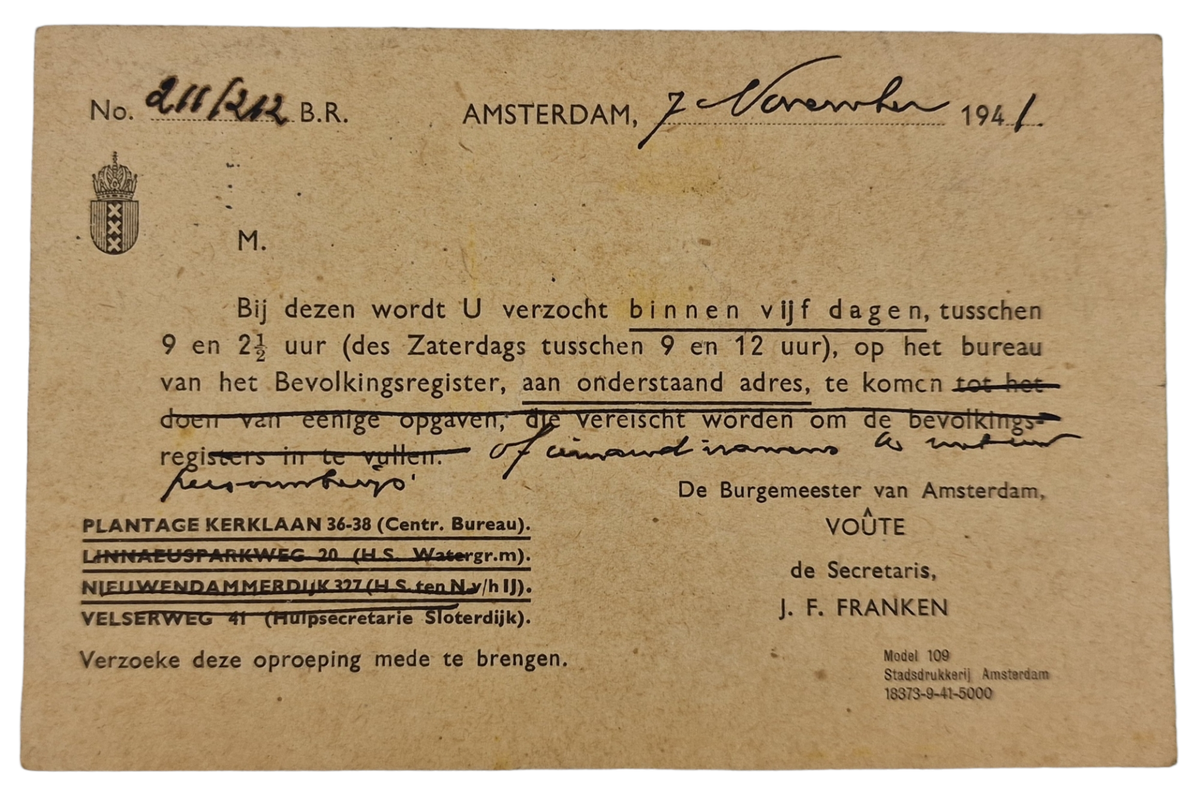 Original WW2 Dutch Document - Stamkaarten set Amsterdam (1941)