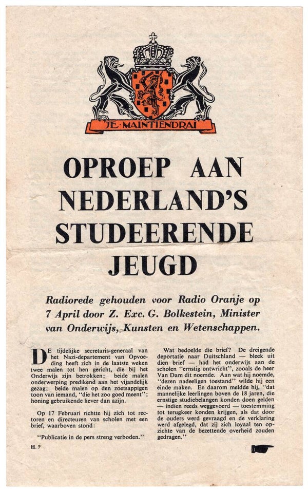 Leaflet H 5 ''Oproep aan Nederland's Studeerende Jeugd''