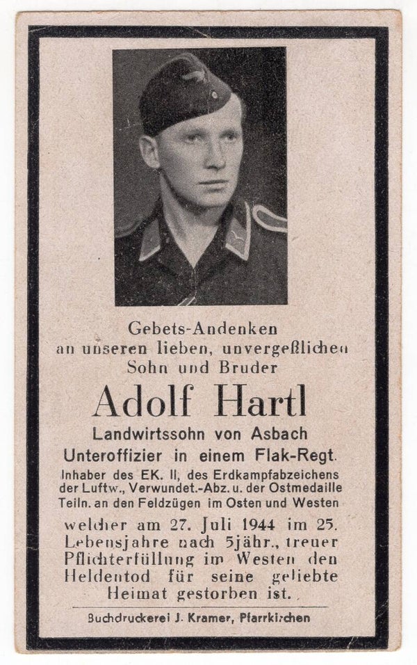 Death card - Adolf Hartl 27 juli 1944 westfront Normandië