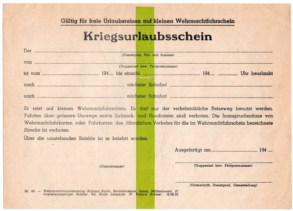 Kriegsurlaubschein printed in Brussels