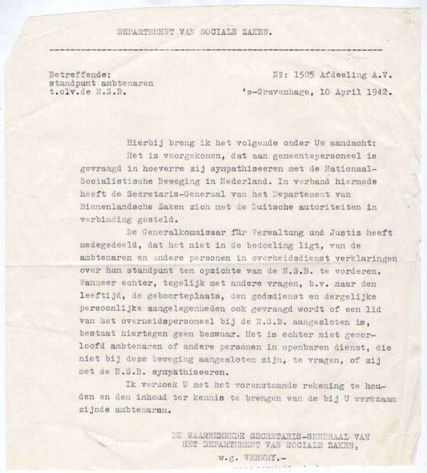 Position of civil servants with regard to the NSB, by Verwey circular of the 10th of April 1942