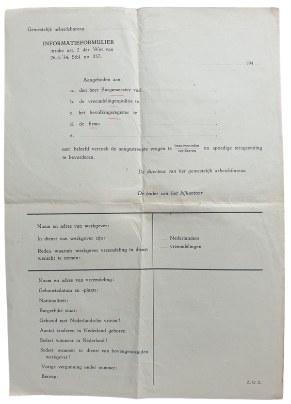 Informationform Nederlandsche Arbeidsbureau