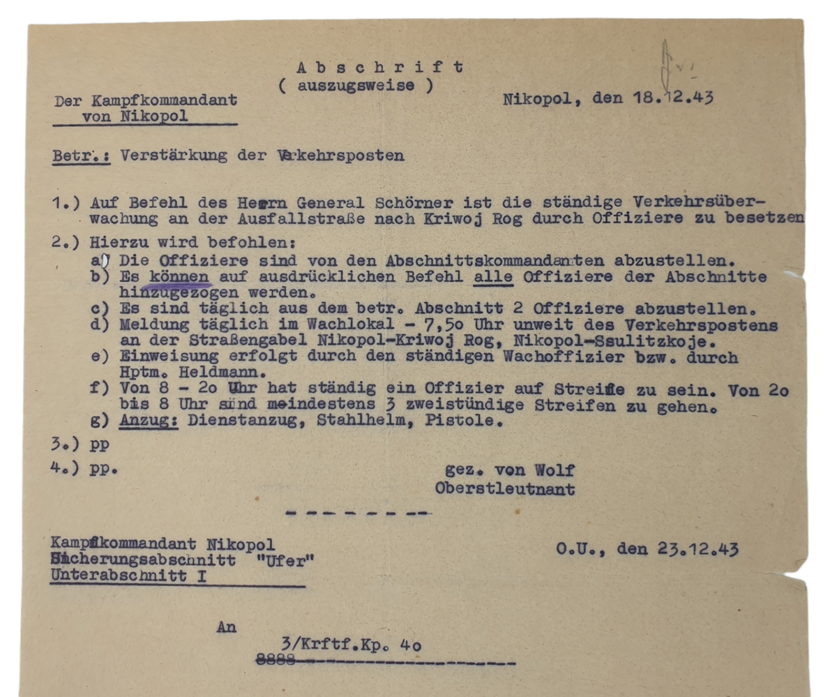 Original WW2 German Document - reinforcement of traffic posts ...