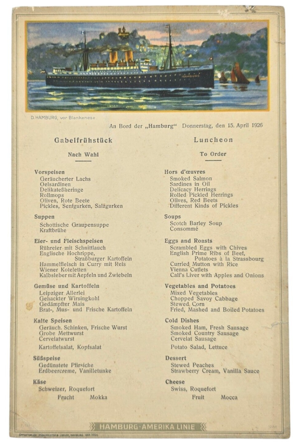Original German Document - HAPAG Hamburg-Amerika Linie, SS Deutschland, menu card, Blankenese (1926)