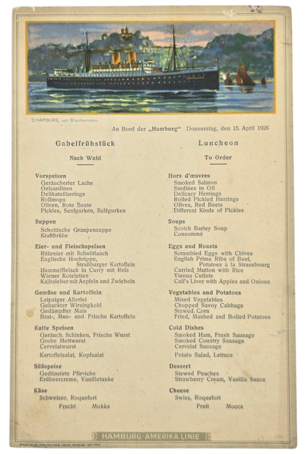 Original German Document - HAPAG Hamburg-Amerika Linie, SS Deutschland, menu card, Blankenese (1926)