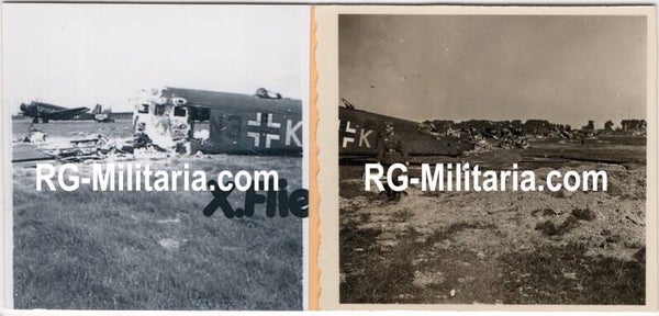 Original WW2 German Photo - Destroyed Junkers Ju 52 airplanes at the Rotterdam airfield, Waalhaven, Holland (1940)