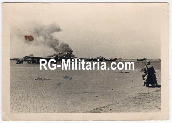 Original WW2 German Photo - Crashed and landed Junkers JU 52 airplanes with burning G1 at the Rotterdam airfield Waalhaven, Holland (1940)