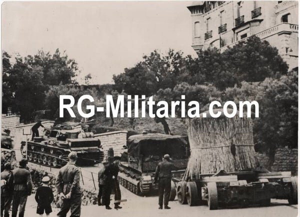 Original WW2 German Press Photo - Panzer III and IV tanks moving a bunker canon part to the Atlantikwall