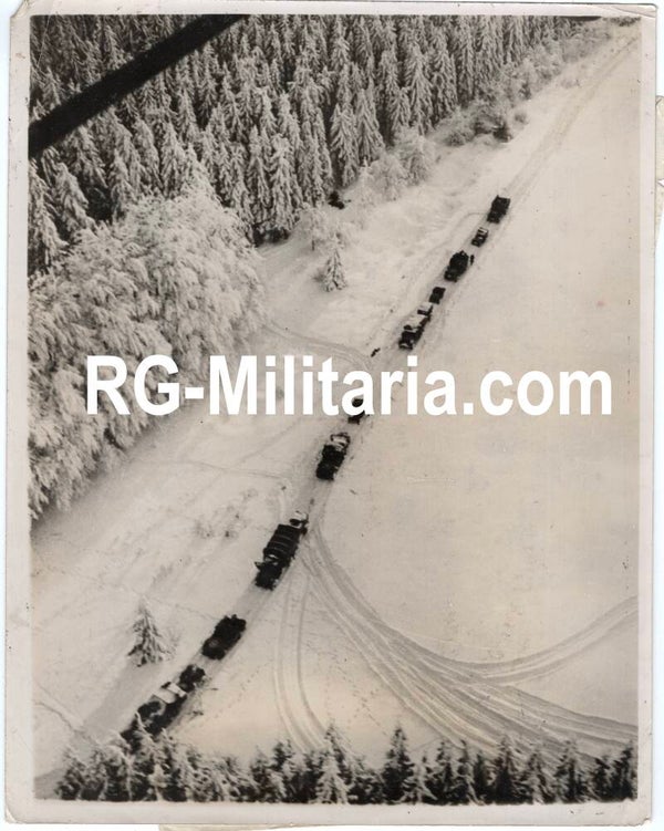 Original WW2 British Press Photo - US convoy in the Ardennes, Battle of the Bulge (1945)