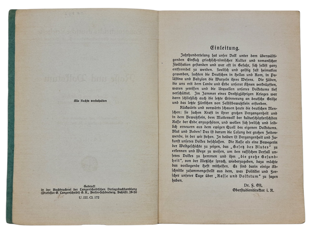 Original WW2 German Book - Rasse und Volksstum, Oberstudiendirektor Dr ...