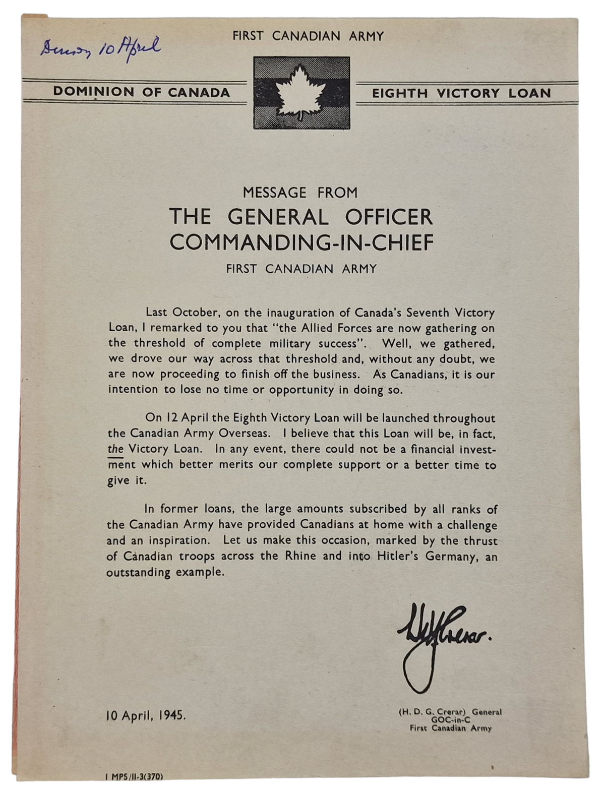 Original WW2 Canadian Document - First Canadian army message about the ...