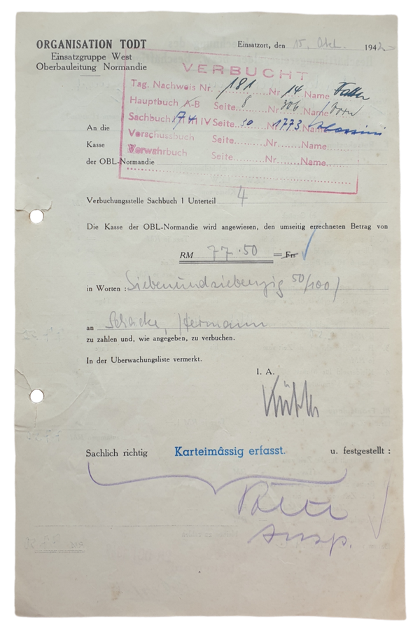 Original WW2 German document - Organisation Todt Oberbauleitung Normandie job payout sheet (1942)