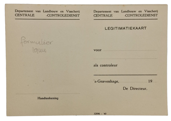 Original WW2 Dutch Document - Unused ID card Landbouw en Visscherij Centrale Controledienst (1940)