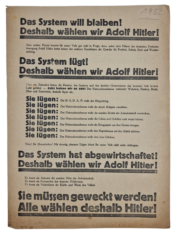 Original WW2 German NSDAP Document - Election Flyer ''Das System will bleiben! Deshalb wählen wir Adolf Hitler!'' (1932)