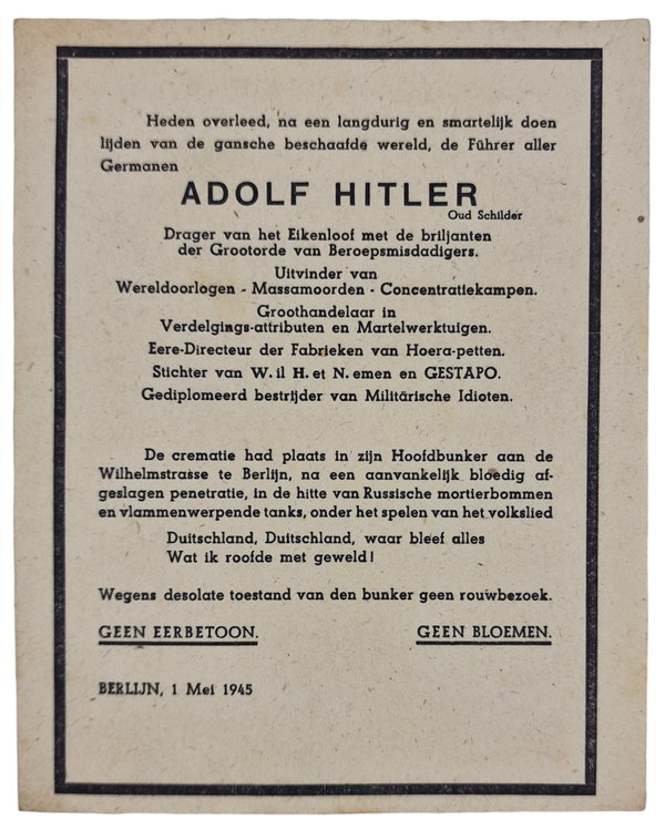 Original WW2 Dutch Liberation Document - Satirical Death Card Adolf Hitler (1945)