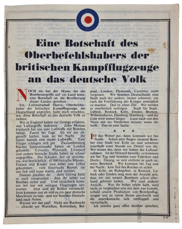 Original WW2 British Leaflet - G 41 Eine Botschaft des Oberbefehlshabers (1942)