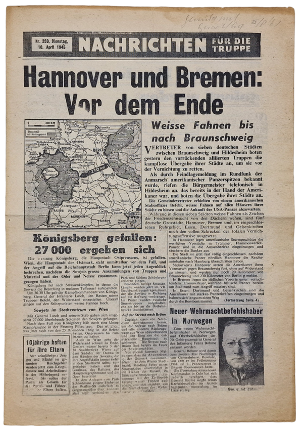 Original WW2 British Leaflet - Nachrichten für die Truppe Nr. 359, Hannover, Bremen (1945)