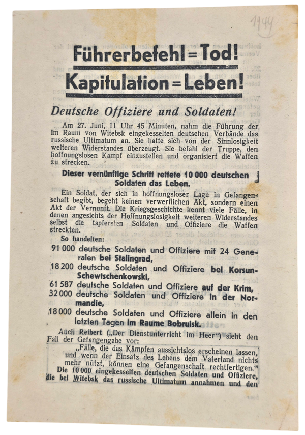 Original WW2 Russian Leaflet - 3069 "Fuhrerbefehl = tod! " (1944)