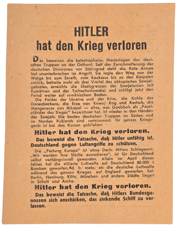 Original WW2 Russian Leaflet - 3010 "HITLER hat den Krieg verloren" (1944)