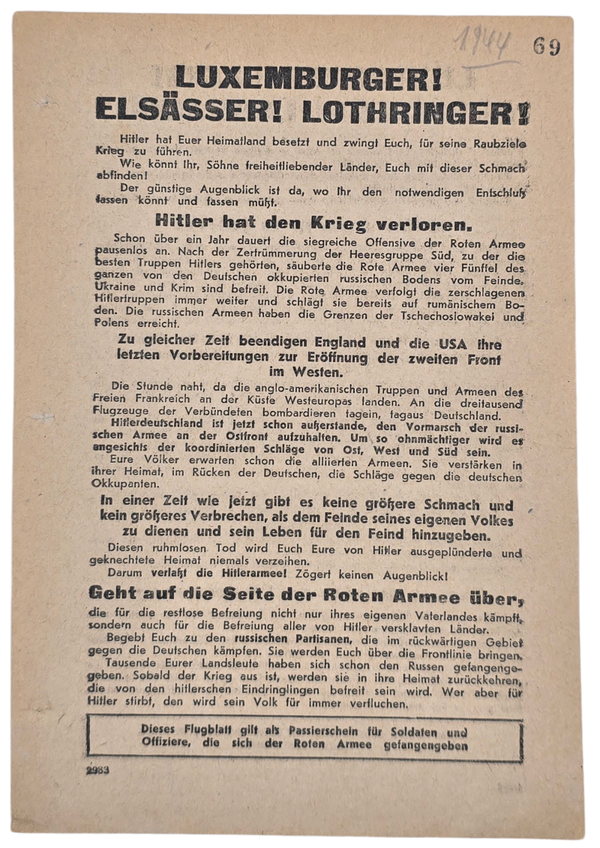 Original WW2 Russian Leaflet - 2983 "Luxemburger! Ersässer! Lothringer!" (1944)
