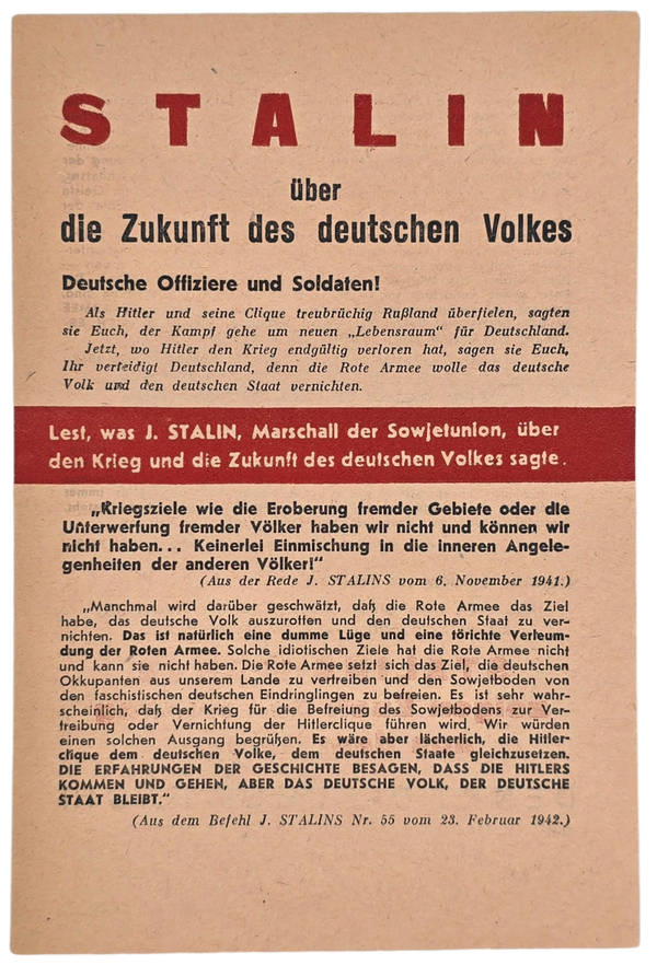Original WW2 Russian Leaflet - 2948 "Stalin uber die Zukunft des deutschen Volkes" (1944)