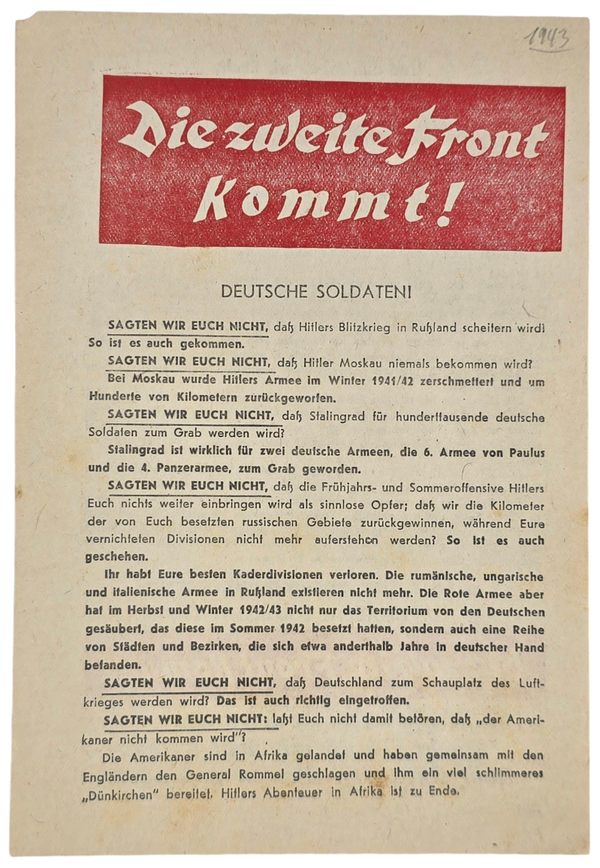 Original WW2 Russian Leaflet - 2504 "Die zweite Front Kommt!" (1943)