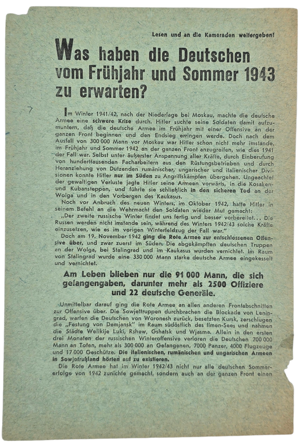 Original WW2 Russian Leaflet - 2448 "Was haben die Deutschen vom Frühjahr und Sommer 1943 zu erwarten?'' (1943)