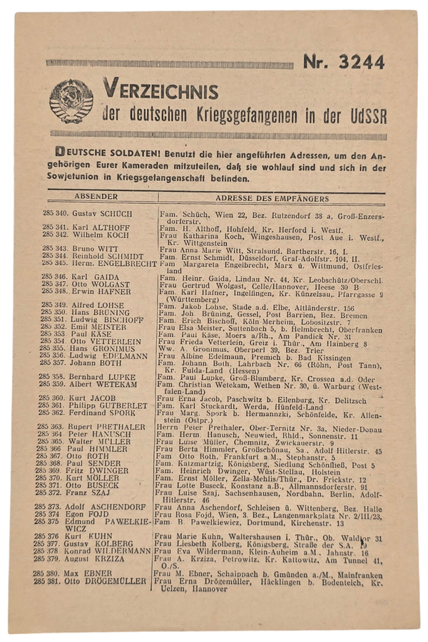 Original WW2 Russian Leaflet - 2289 "Verzeichnis der Deutschen Kriegsgefangenen in der UdSSR Nr. 3244'' (1942)