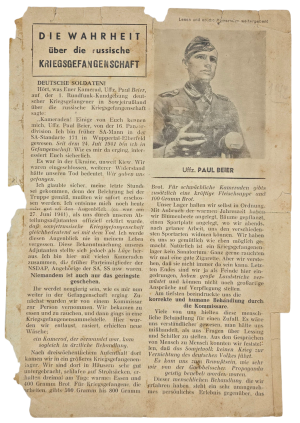 Original WW2 Russian Leaflet - 1696 "Die Wahrheit über die Russische Kriegsgefangenschaft" (1942)