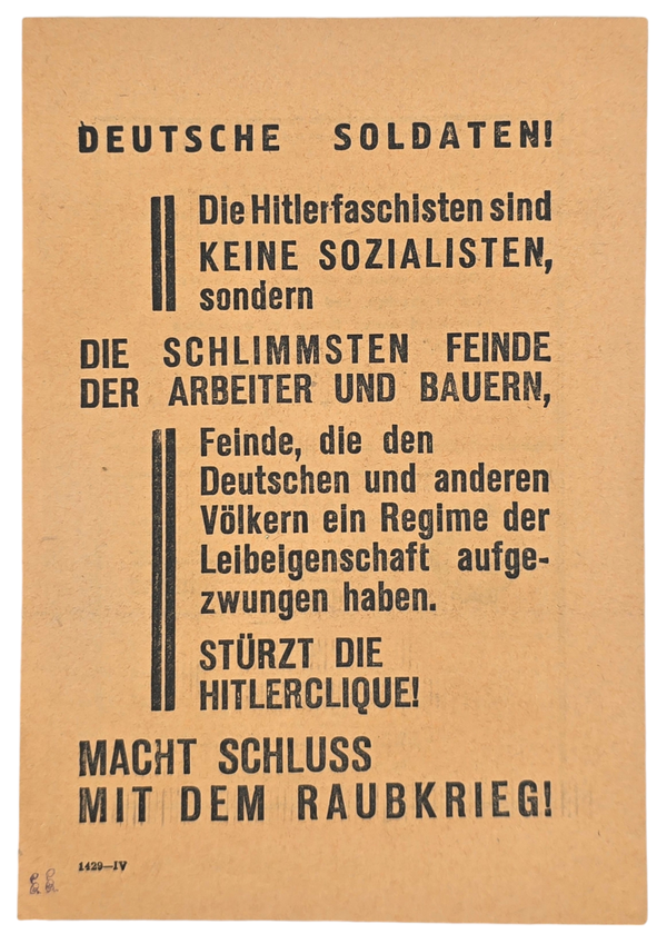 Original WW2 Russian Leaflet - 1429-IV "Deutsche Soldaten! Die Hitlerfaschisten sind Keine sozialisten" (1942)