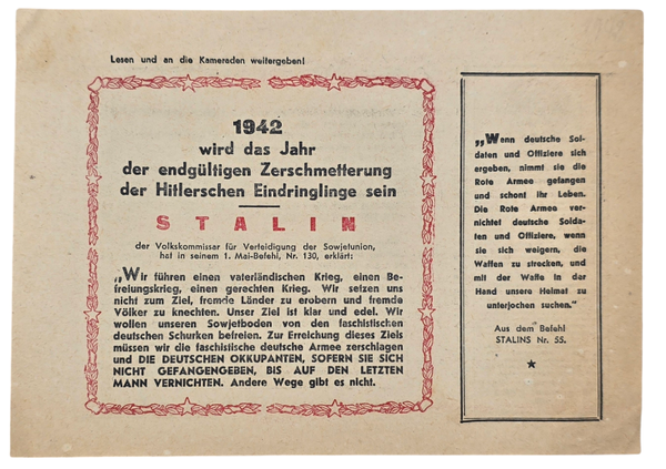Original WW2 Russian Leaflet - 1360 "1942 wird das Jahr der endgültigen Zerschmetterung der Hitlerschen Eindringlinge sein, Stalin" (1942)