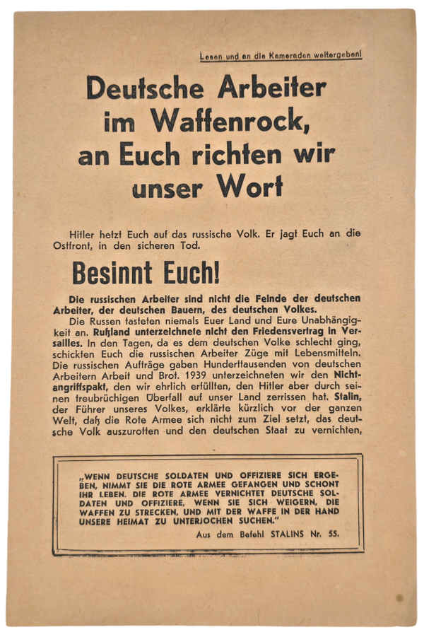 Original WW2 Russian Leaflet - 1124 "Deutsche Arbeiter im Waffenrock" (1942)