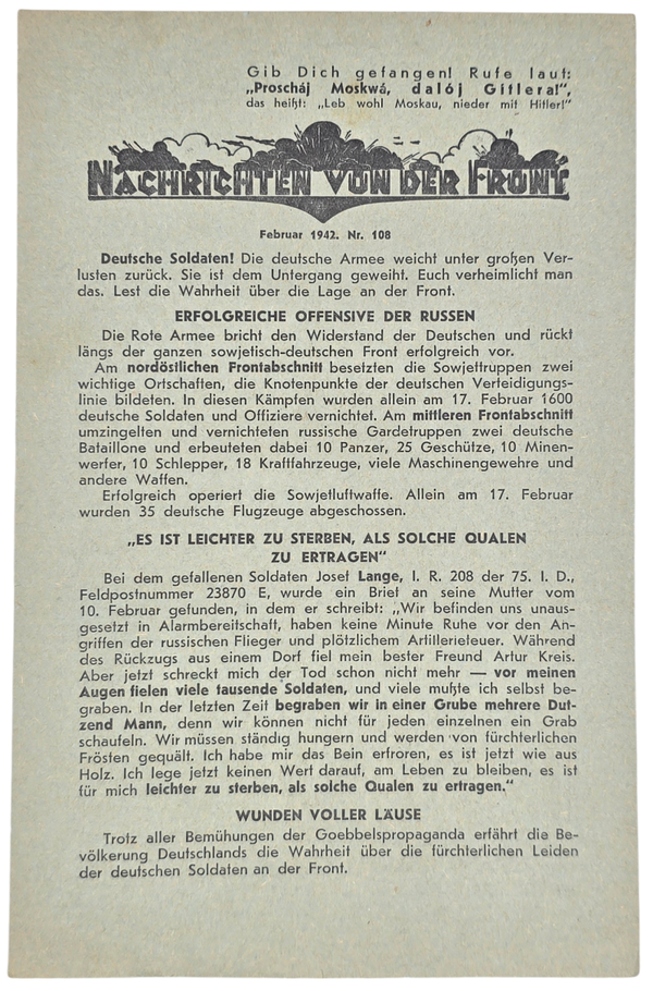 Original WW2 Russian Leaflet - 898 "Nachrichten von der Front Nr. 108'' (1942)