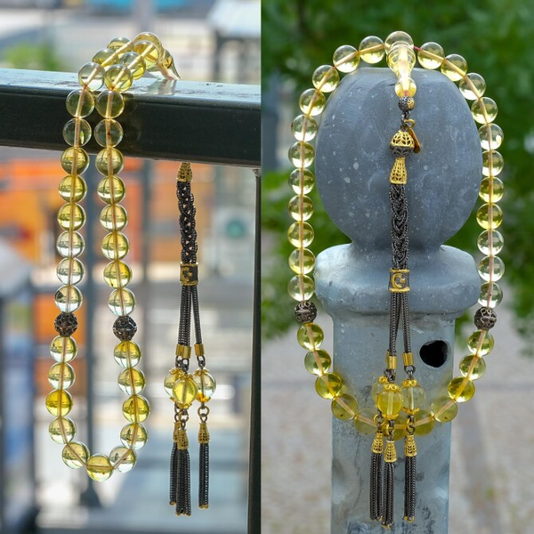 Drop Amber Prayer Beads with Fly Fossil