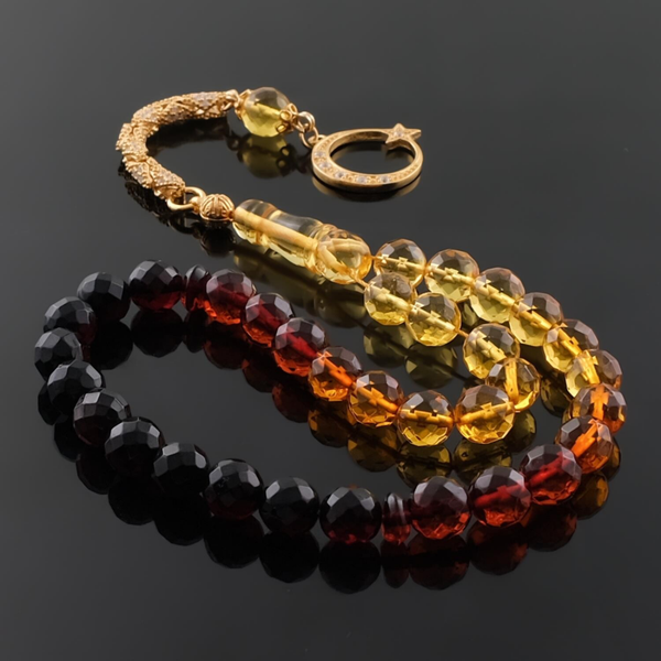 Flame motif gold embroidered tassel drop amber