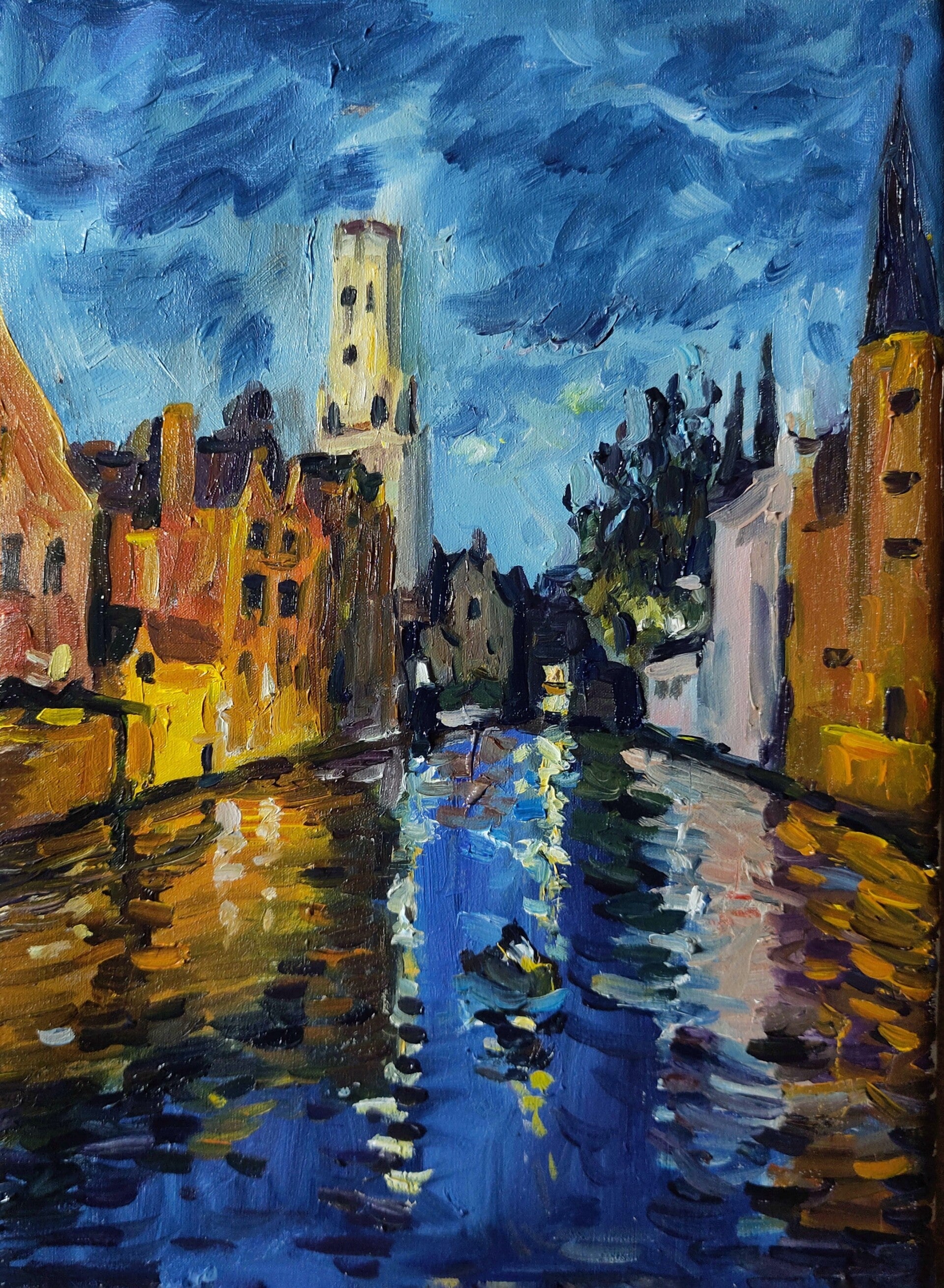Bruges Original Oil Painting, European Cityscape Art, Canal Bridge at Dusk, Original Watercolour, Romantic Wall Art