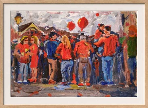 Koningsdag in Amsterdam Gouache painting framed