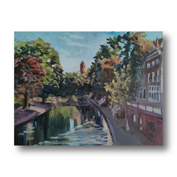 Utrechtse Gracht – Origineel Olieverfschilderij | Nederlands Stadsgezicht, 50 × 65 cm