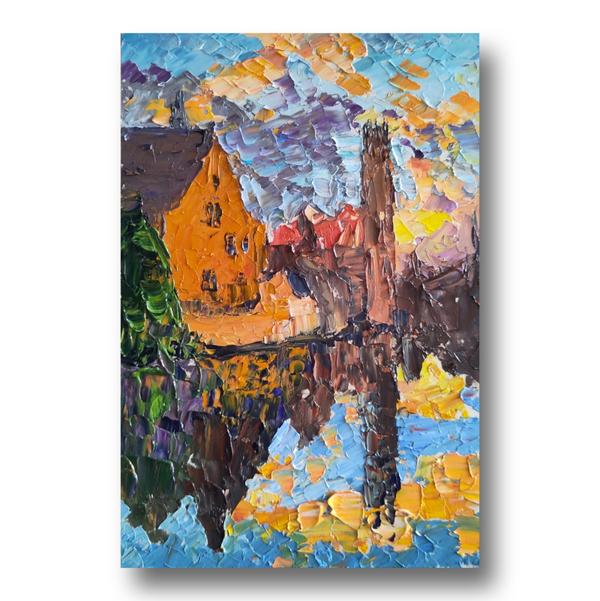 Bruges Original Oil Painting, European Cityscape Art, Canal Bridge at Dusk, Original Watercolour, Romantic Wall Art