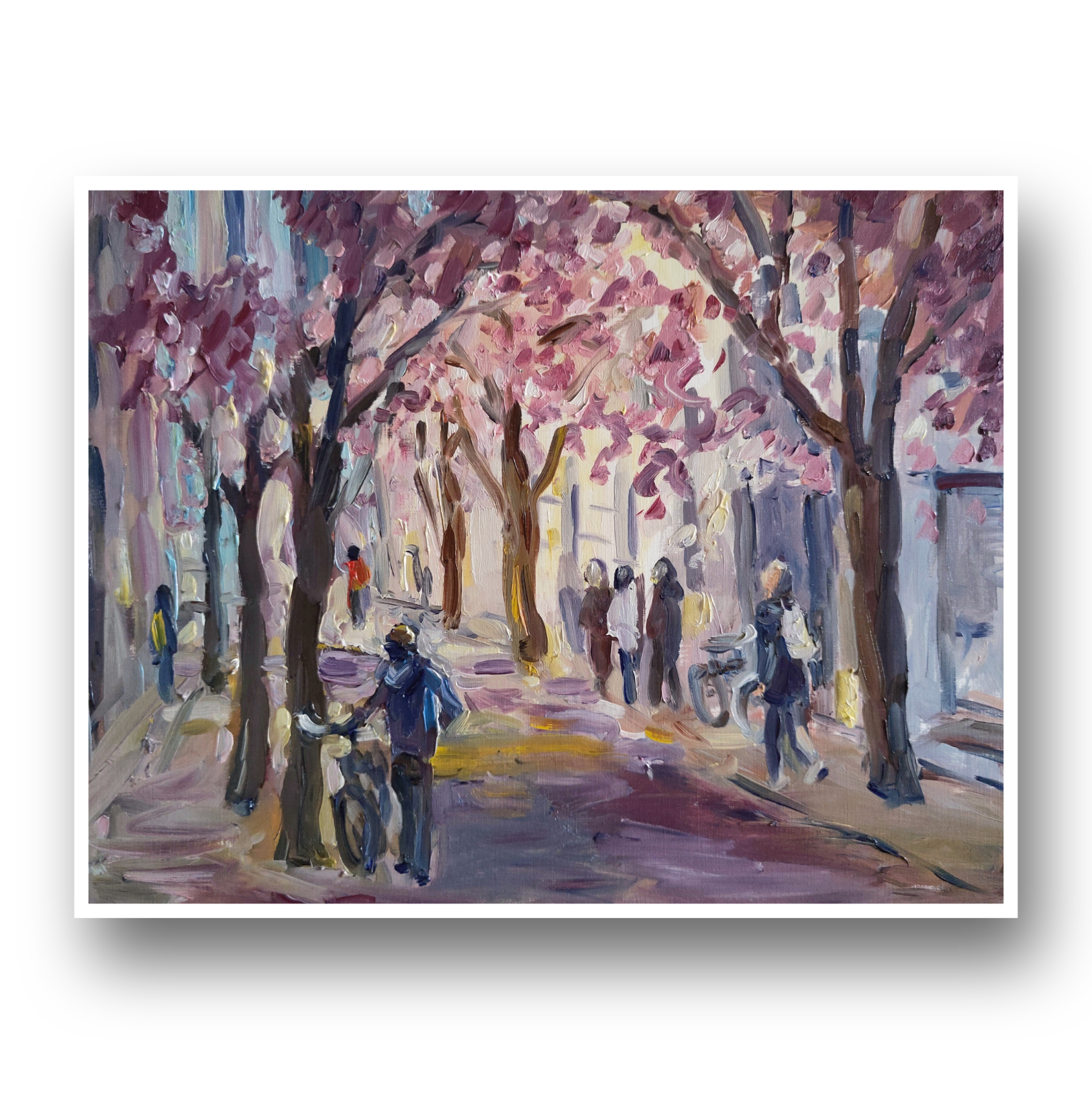 Bonn Cherry blossom street Original art Oil painting by Julia Grechkina